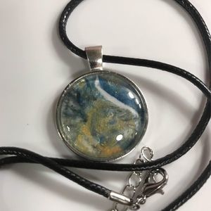 Handmade paint pour necklace blue and gold ocean vibes